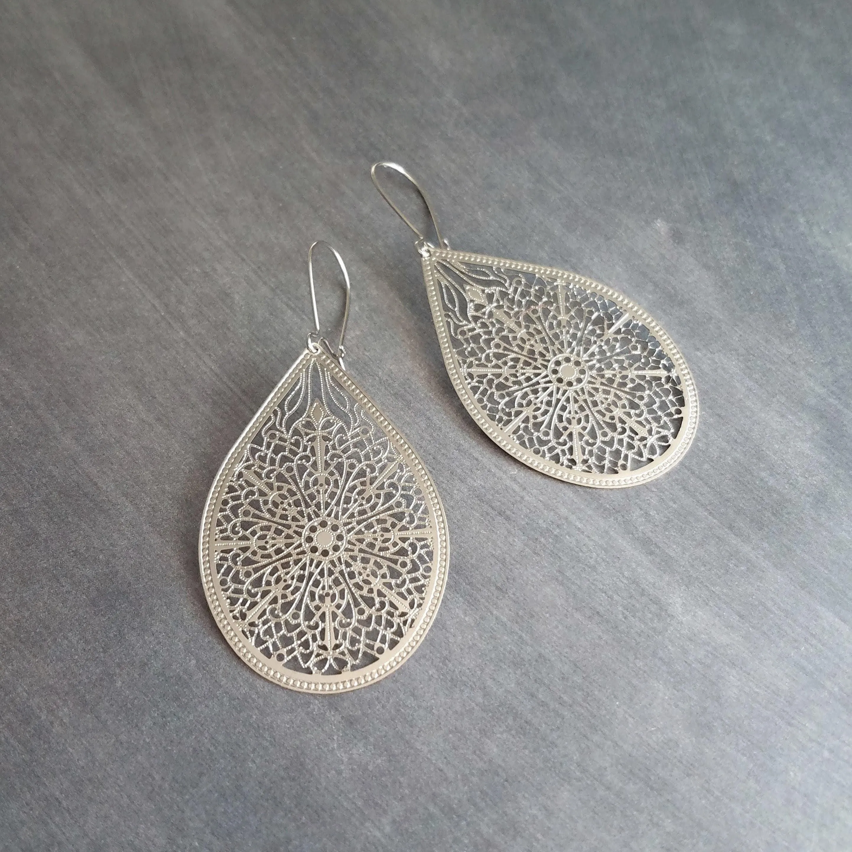Large Silver Teardrop Earrings, silver filigree earring, statement earrings, large drop earring, cut out earring, big lightweight earrings