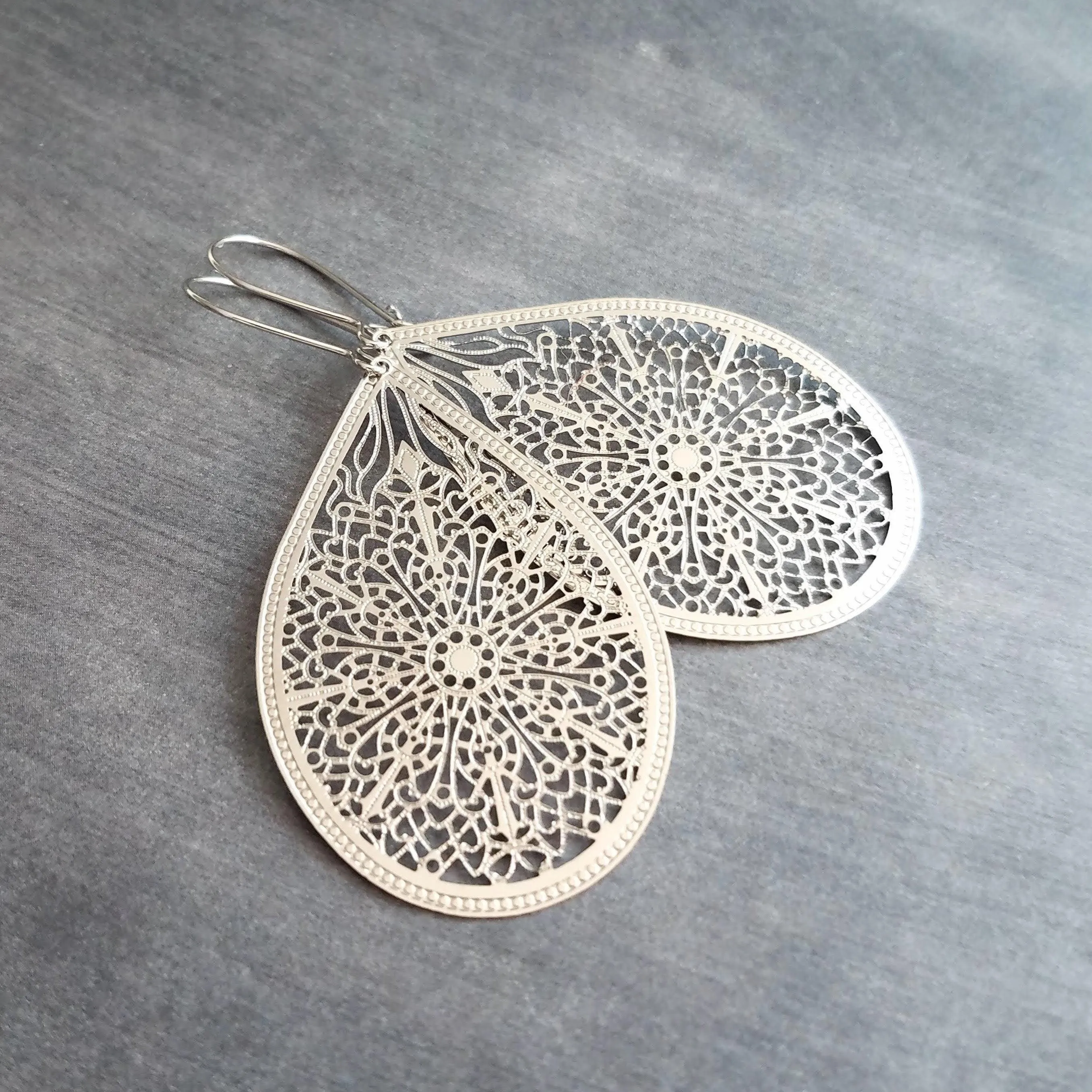 Large Silver Teardrop Earrings, silver filigree earring, statement earrings, large drop earring, cut out earring, big lightweight earrings