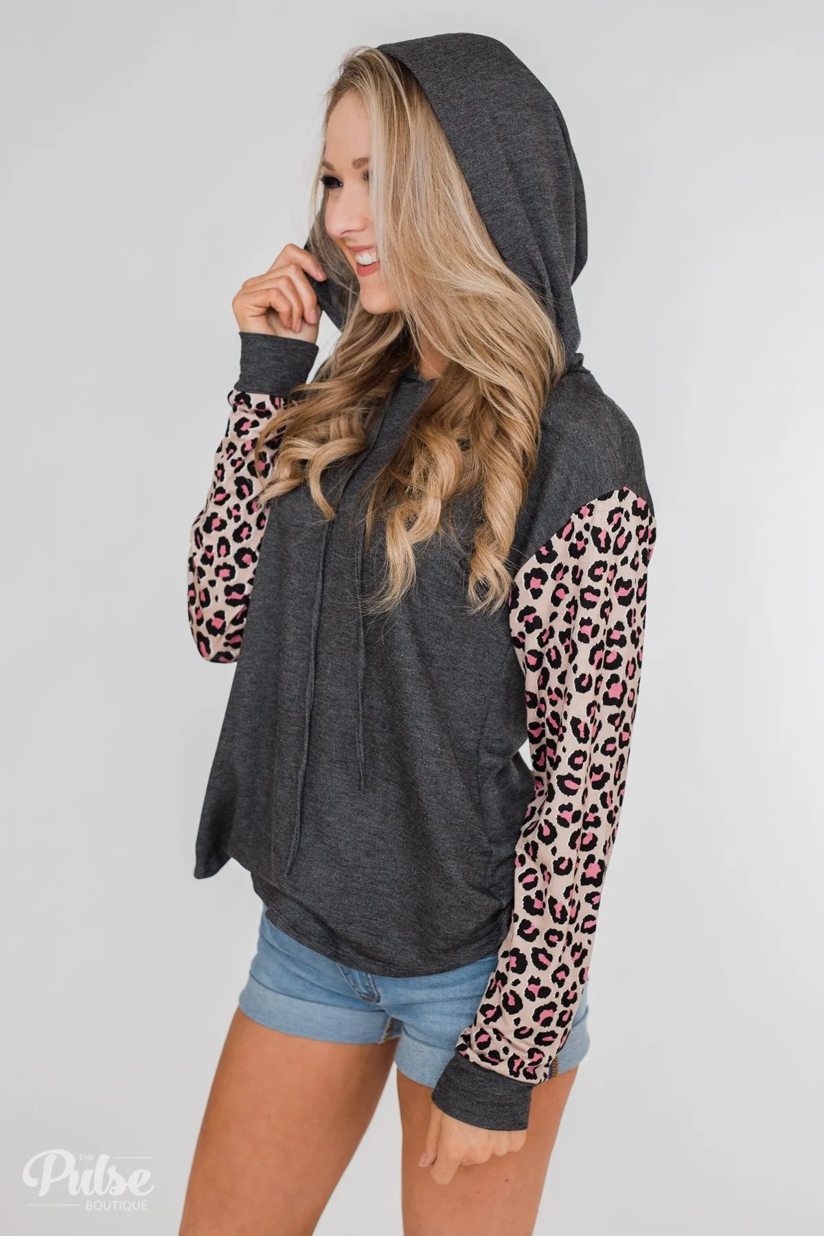 Lightweight Leopard Sleeve Hoodie- Charcoal & Light Mocha