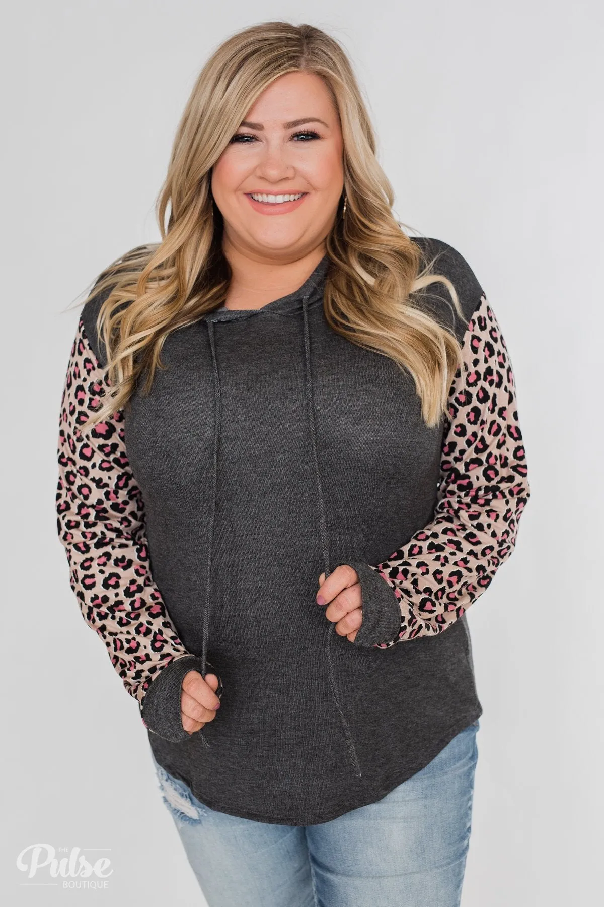 Lightweight Leopard Sleeve Hoodie- Charcoal & Light Mocha