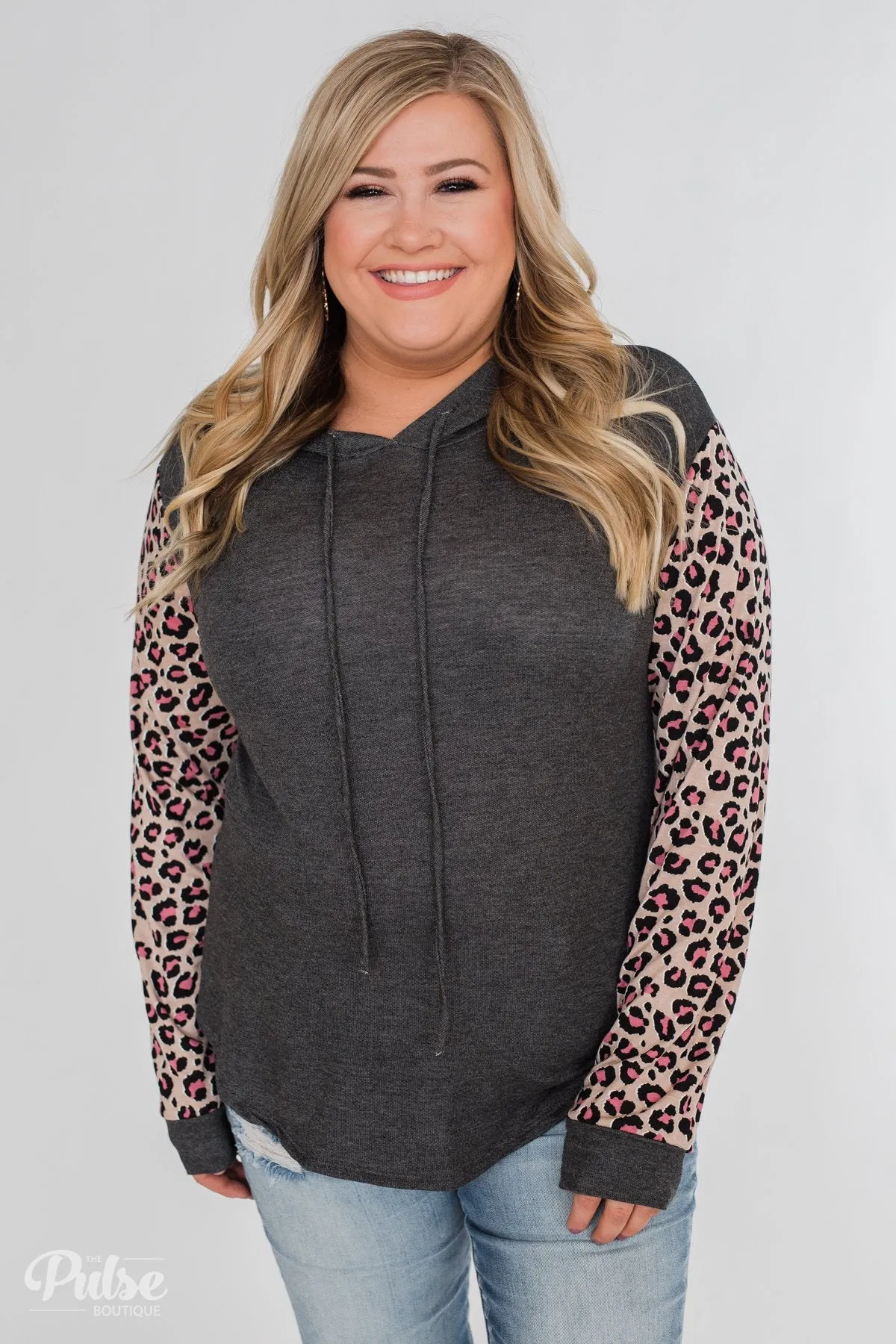 Lightweight Leopard Sleeve Hoodie- Charcoal & Light Mocha