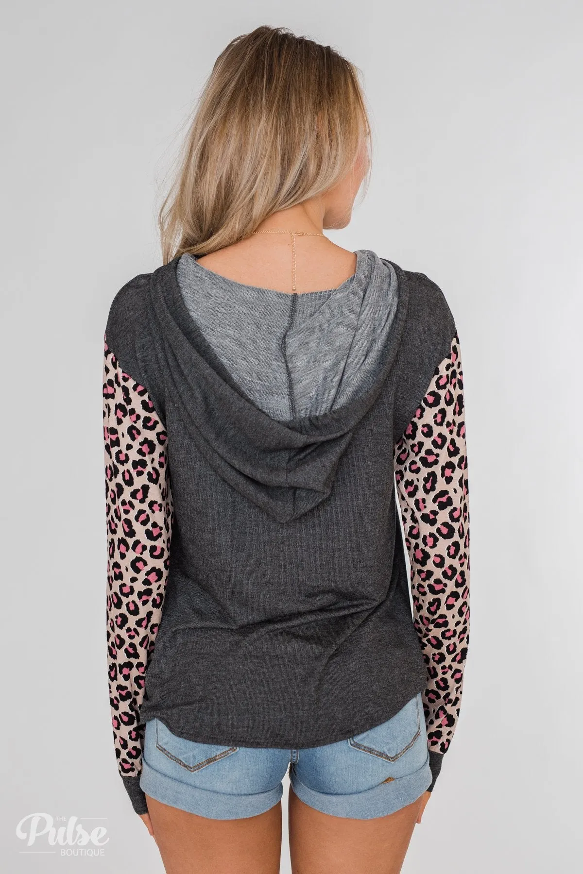 Lightweight Leopard Sleeve Hoodie- Charcoal & Light Mocha