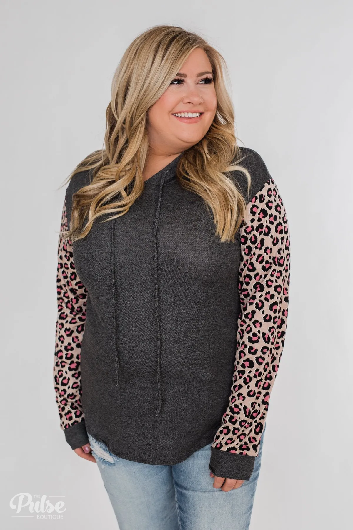 Lightweight Leopard Sleeve Hoodie- Charcoal & Light Mocha