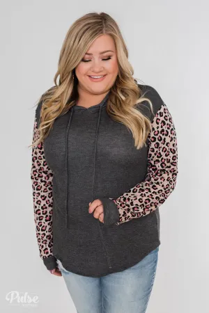 Lightweight Leopard Sleeve Hoodie- Charcoal & Light Mocha