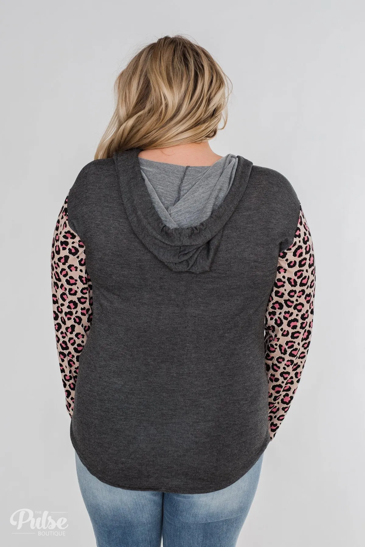 Lightweight Leopard Sleeve Hoodie- Charcoal & Light Mocha