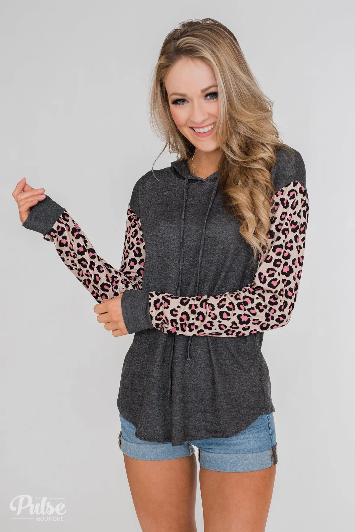 Lightweight Leopard Sleeve Hoodie- Charcoal & Light Mocha