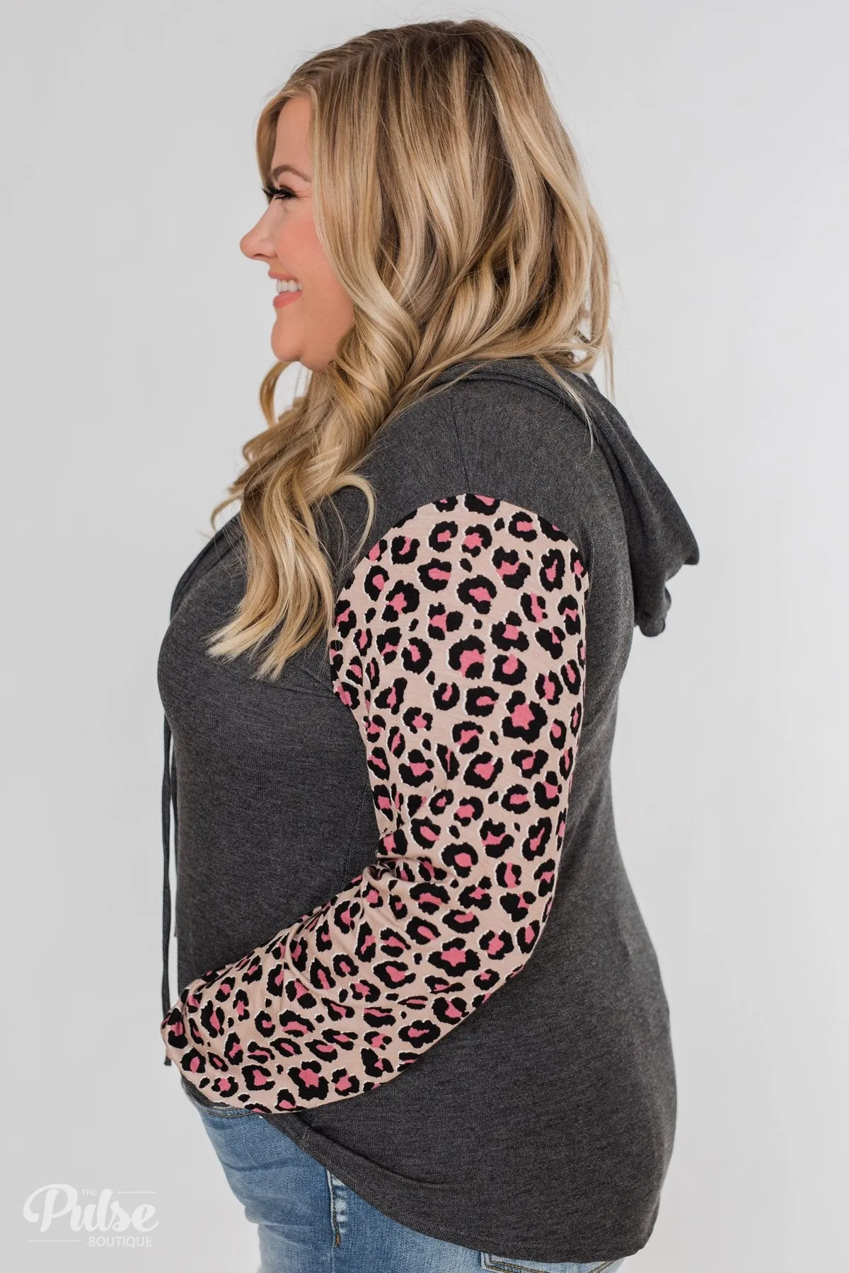 Lightweight Leopard Sleeve Hoodie- Charcoal & Light Mocha
