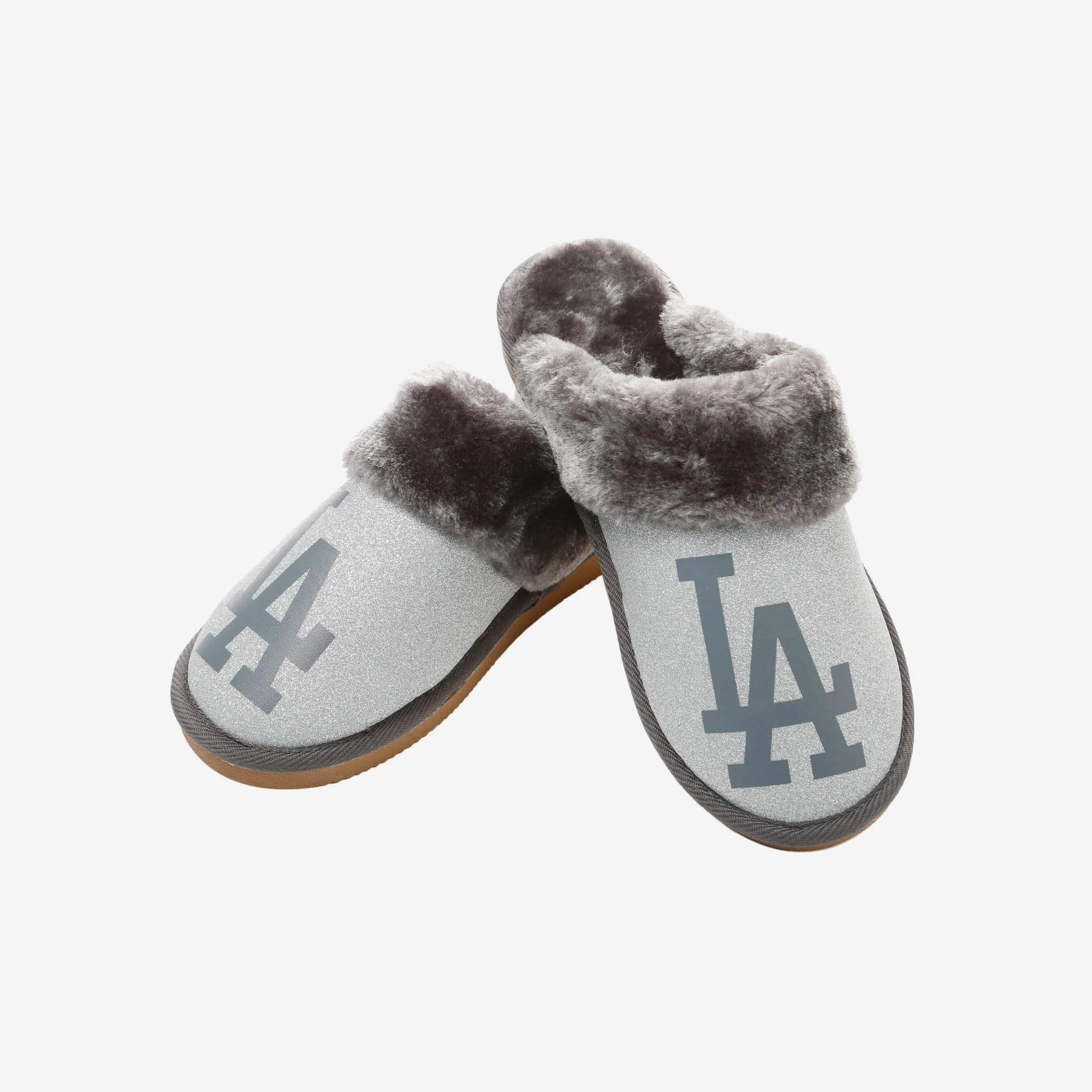 Los Angeles Dodgers Womens Glitter Open Back Fur Moccasin Slipper