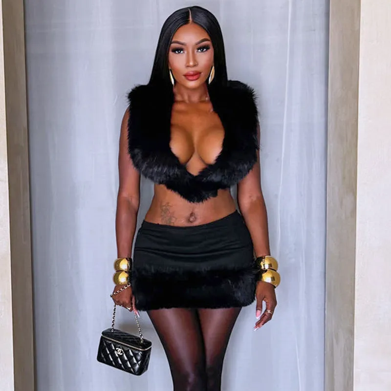 Luxurious Furry Patchwork Backless Two-Piece Skirt and Top Set
