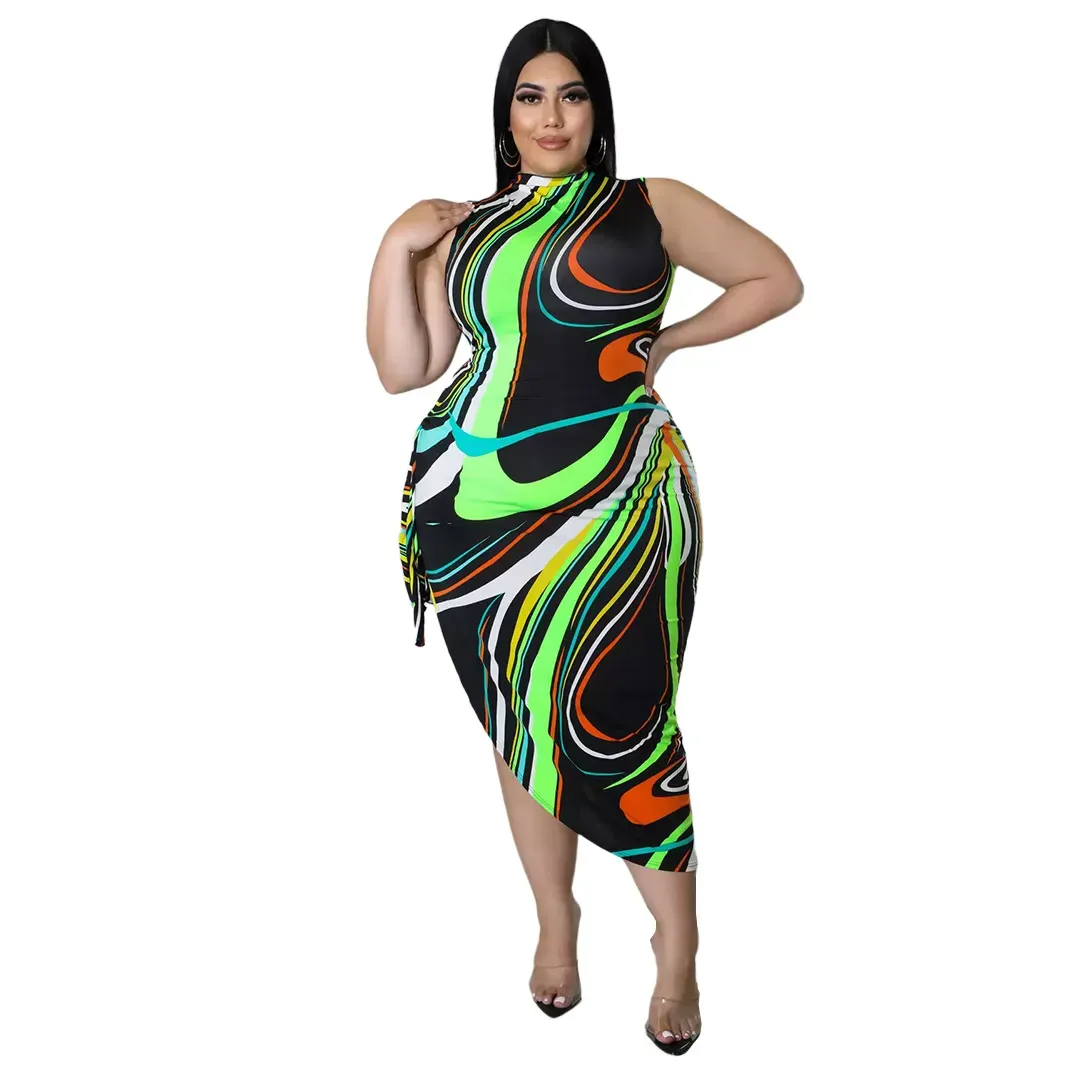 Natalie Plus Size Abstract Print Side Cutout Bodycon Midi Dress