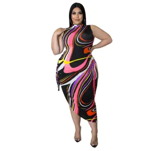 Natalie Plus Size Abstract Print Side Cutout Bodycon Midi Dress