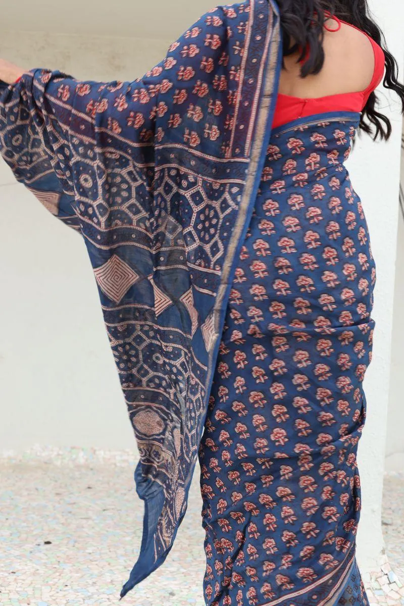 Natural dyed Dabu sarees - Malhar -Pharad Gulab