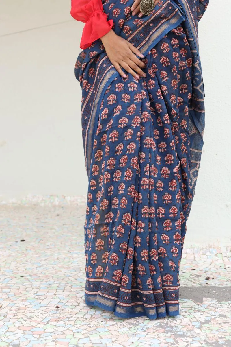 Natural dyed Dabu sarees - Malhar -Pharad Gulab