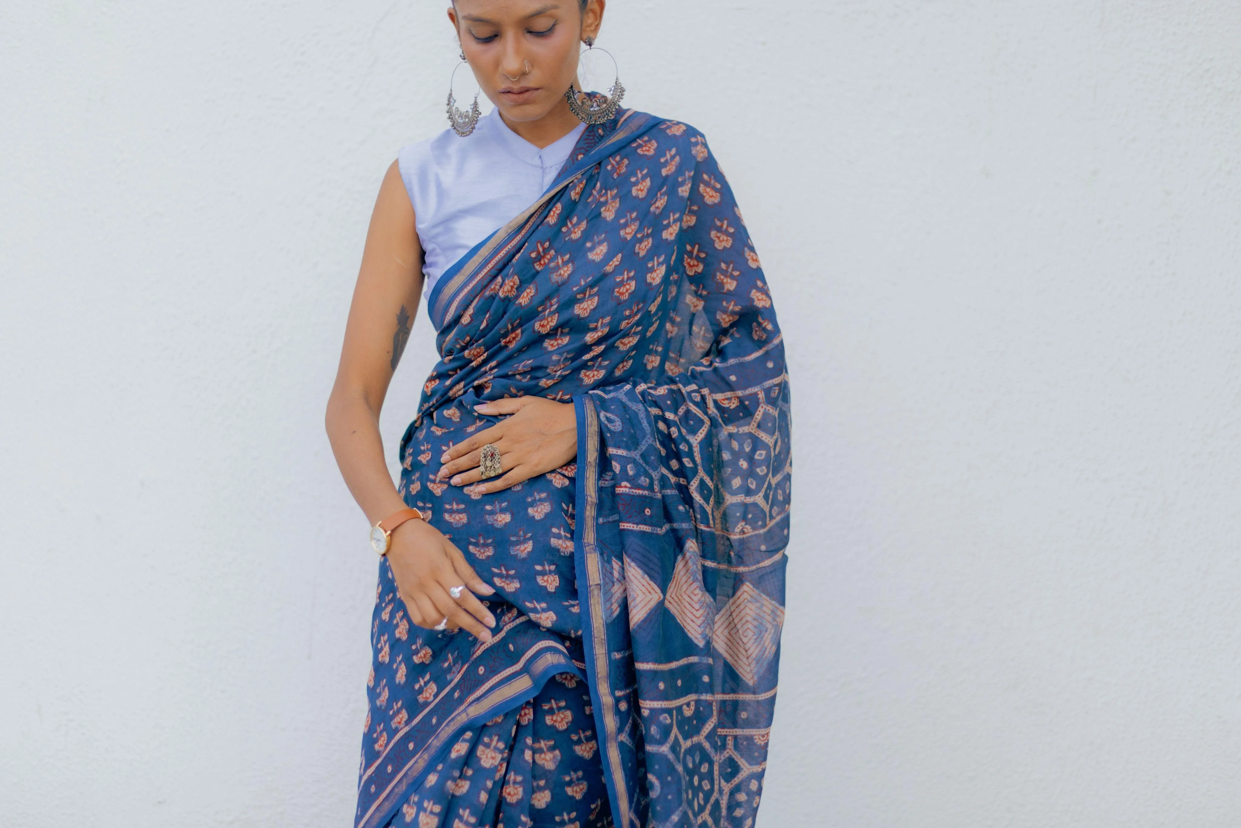 Natural dyed Dabu sarees - Malhar -Pharad Gulab