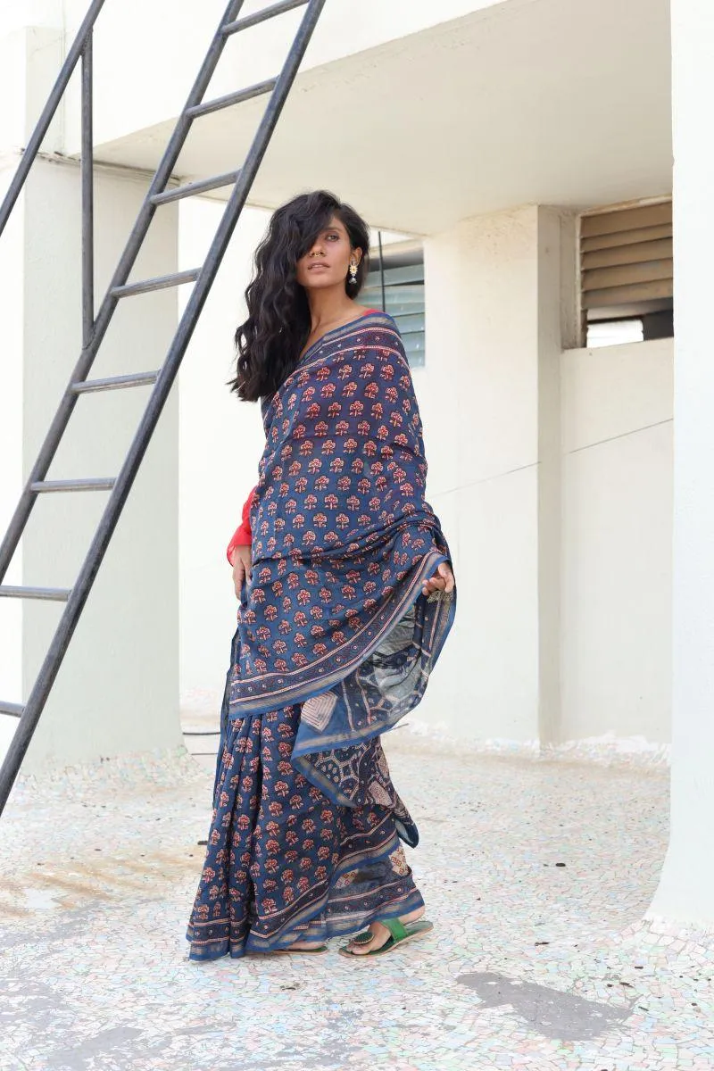 Natural dyed Dabu sarees - Malhar -Pharad Gulab