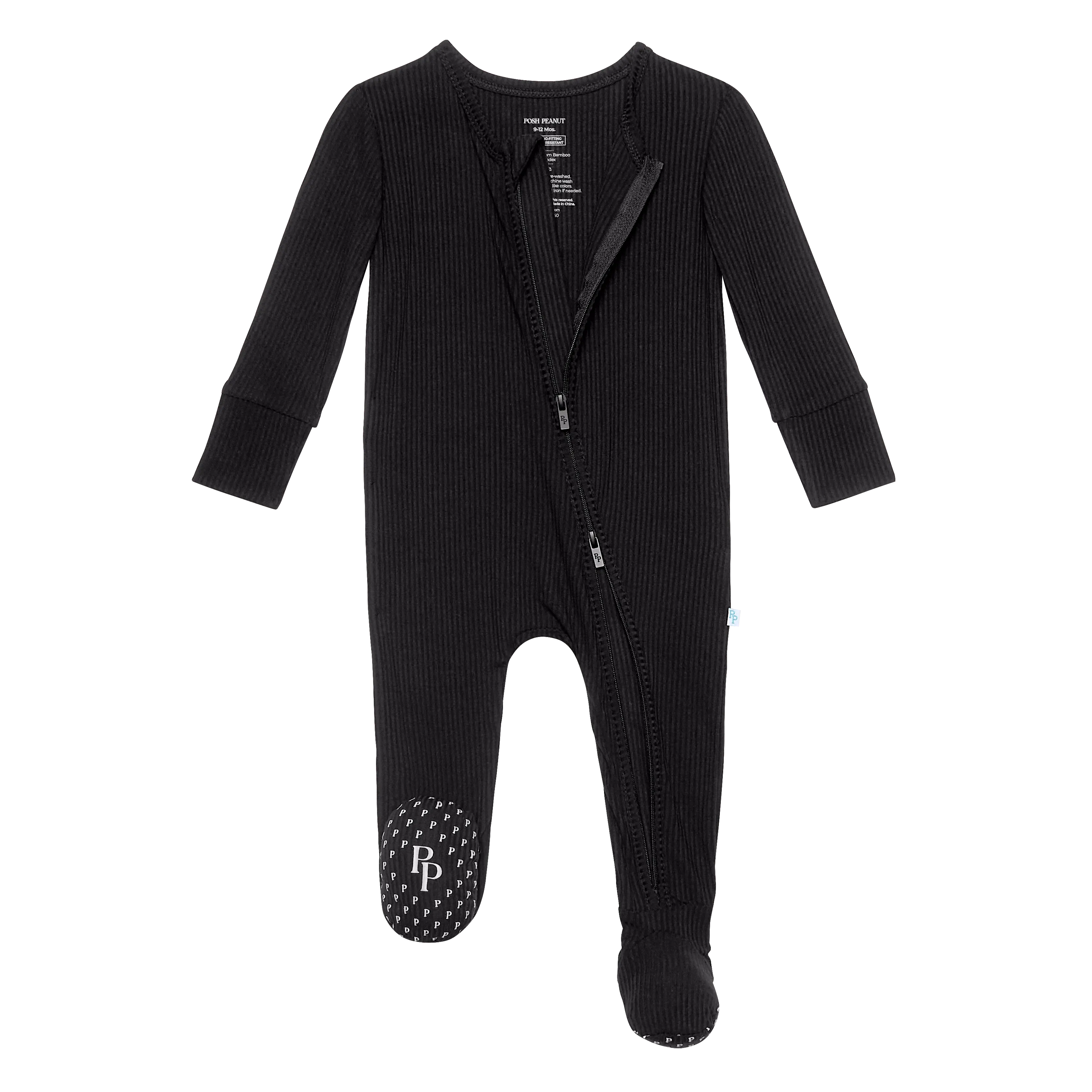 Posh Peanut Solid Ribbed Black Footie with Zipper
