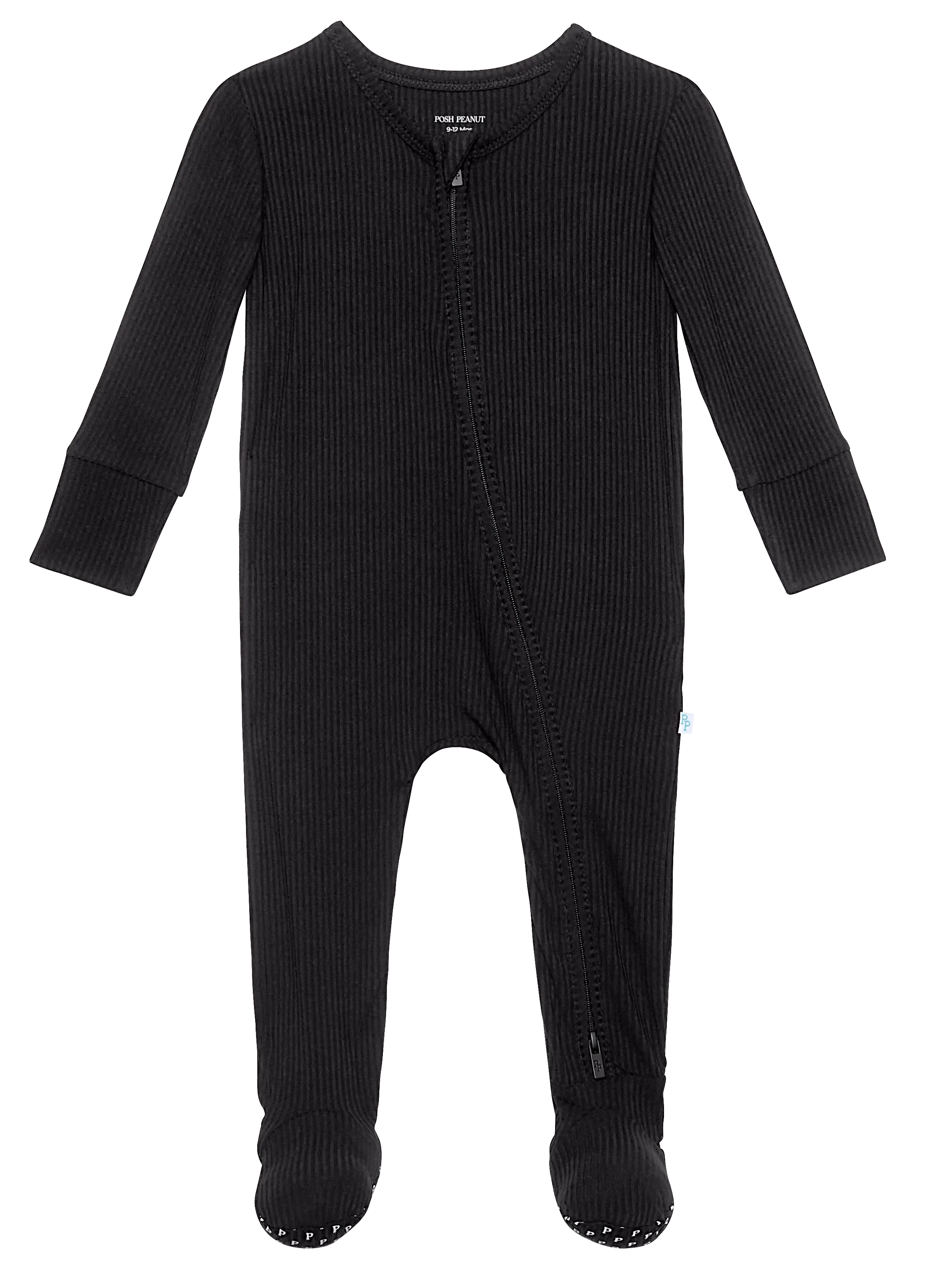 Posh Peanut Solid Ribbed Black Footie with Zipper