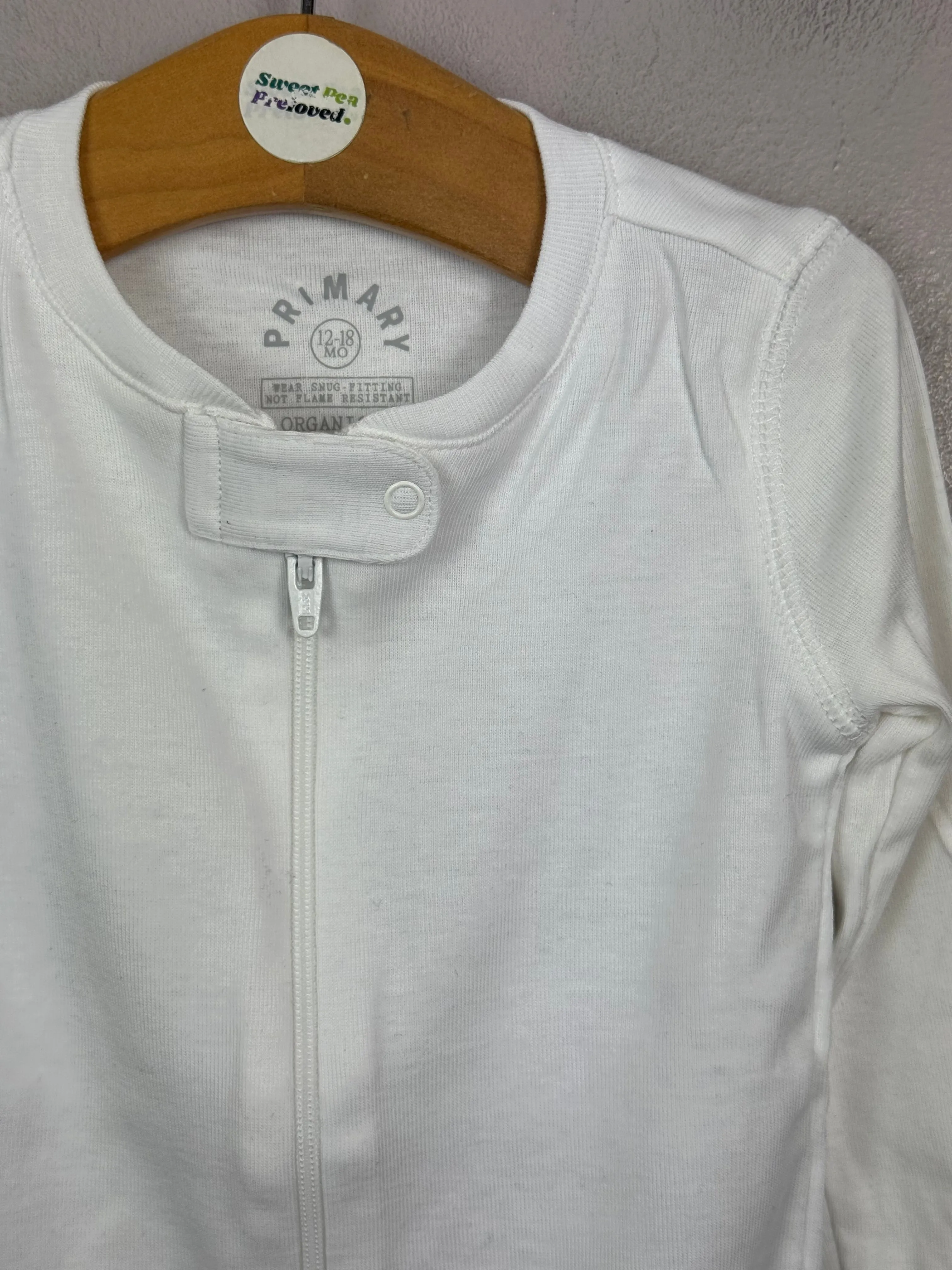 Primary Organic Sleepsuit - Plain dye, White (New) ages 0-3m to 18-24m