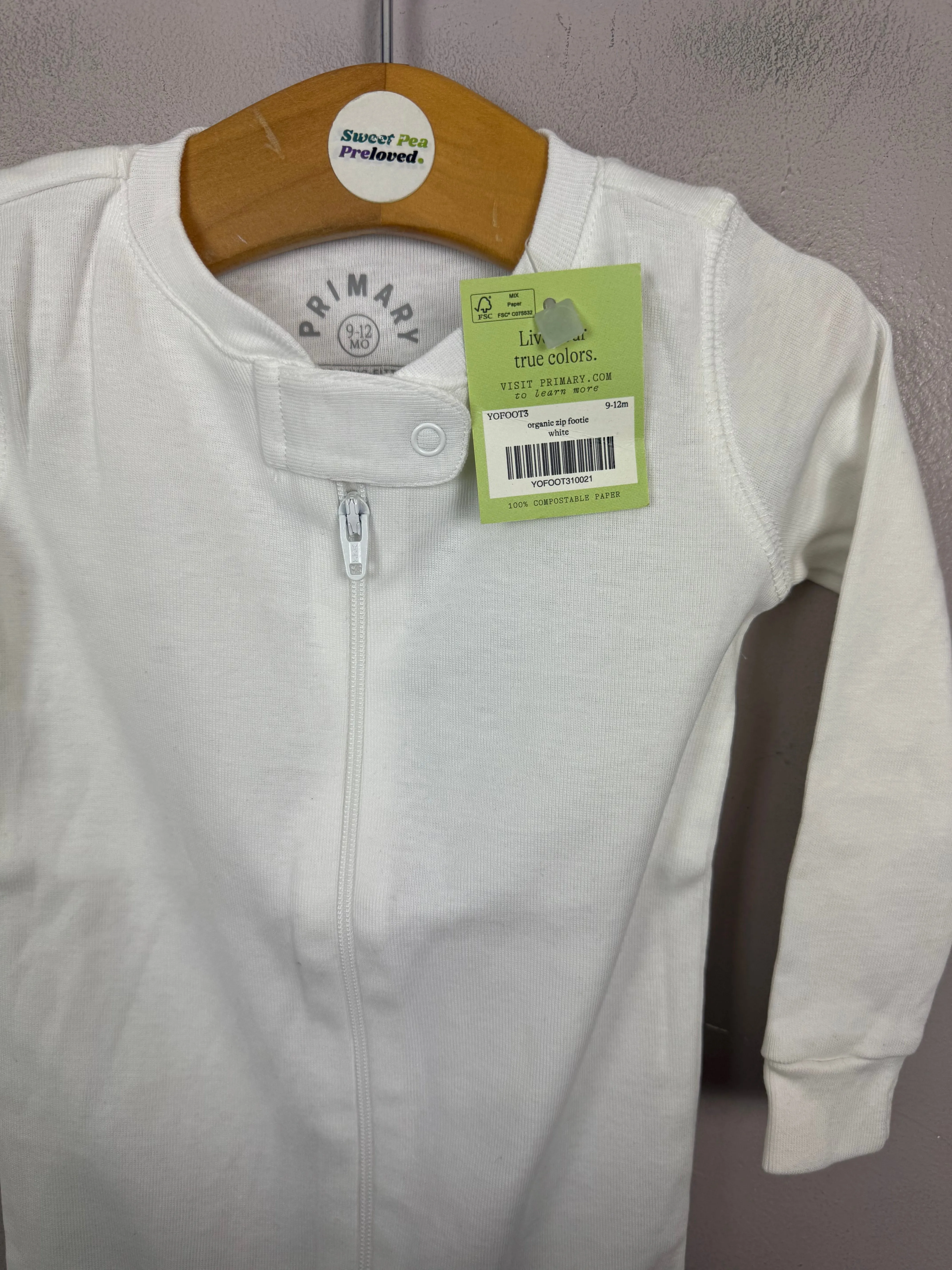 Primary Organic Sleepsuit - Plain dye, White (New) ages 0-3m to 18-24m