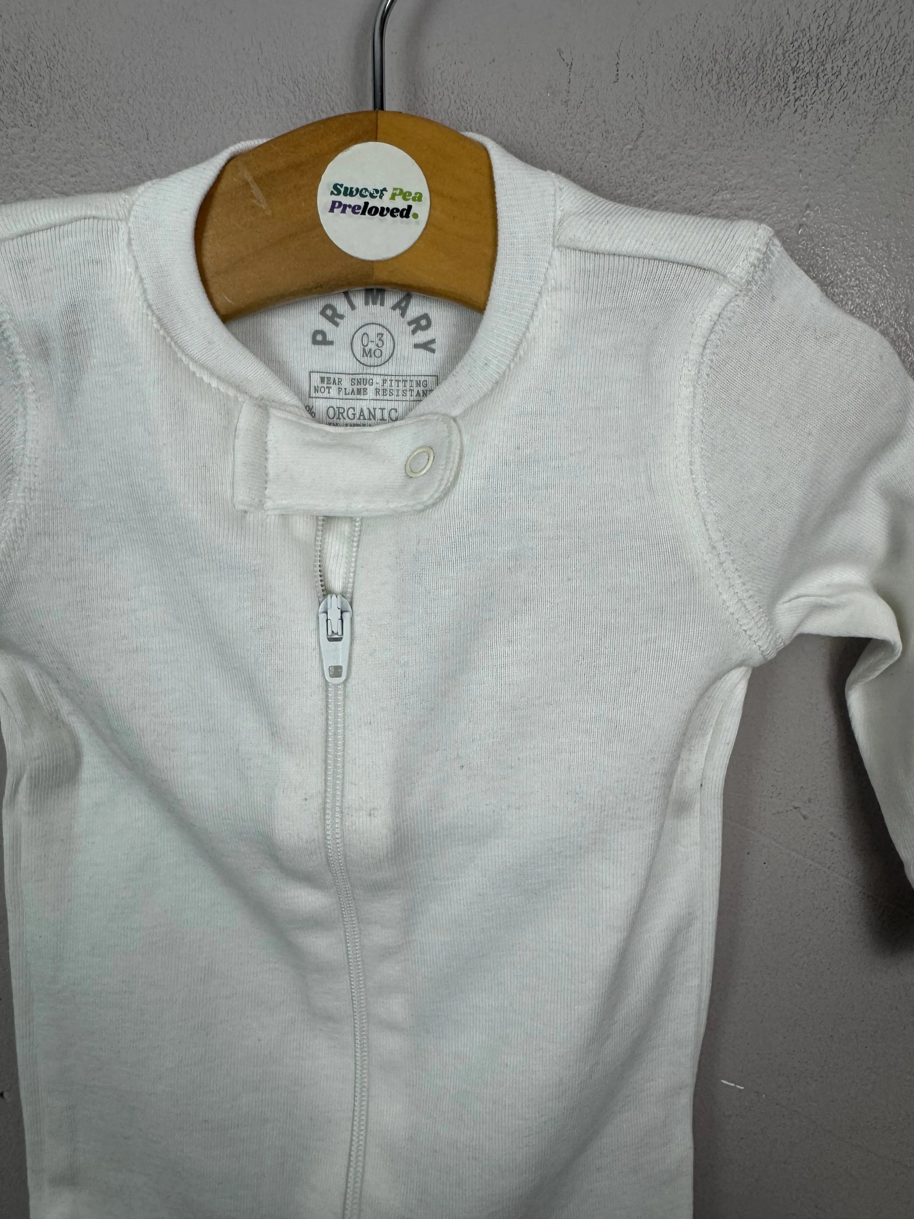 Primary Organic Sleepsuit - Plain dye, White (New) ages 0-3m to 18-24m