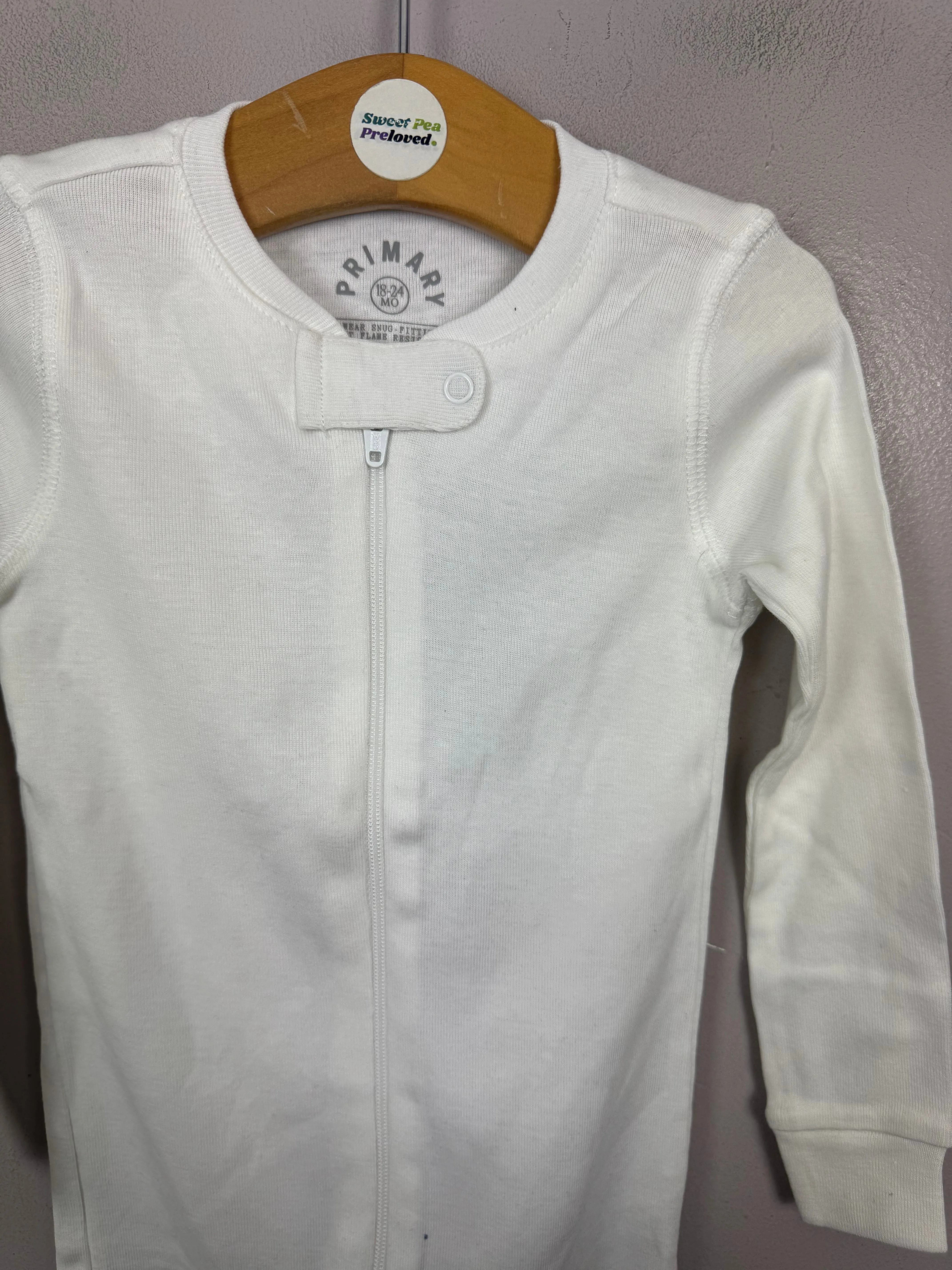 Primary Organic Sleepsuit - Plain dye, White (New) ages 0-3m to 18-24m