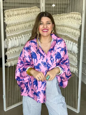 Running Horses Oversized Blouse Top - Pink   Blue