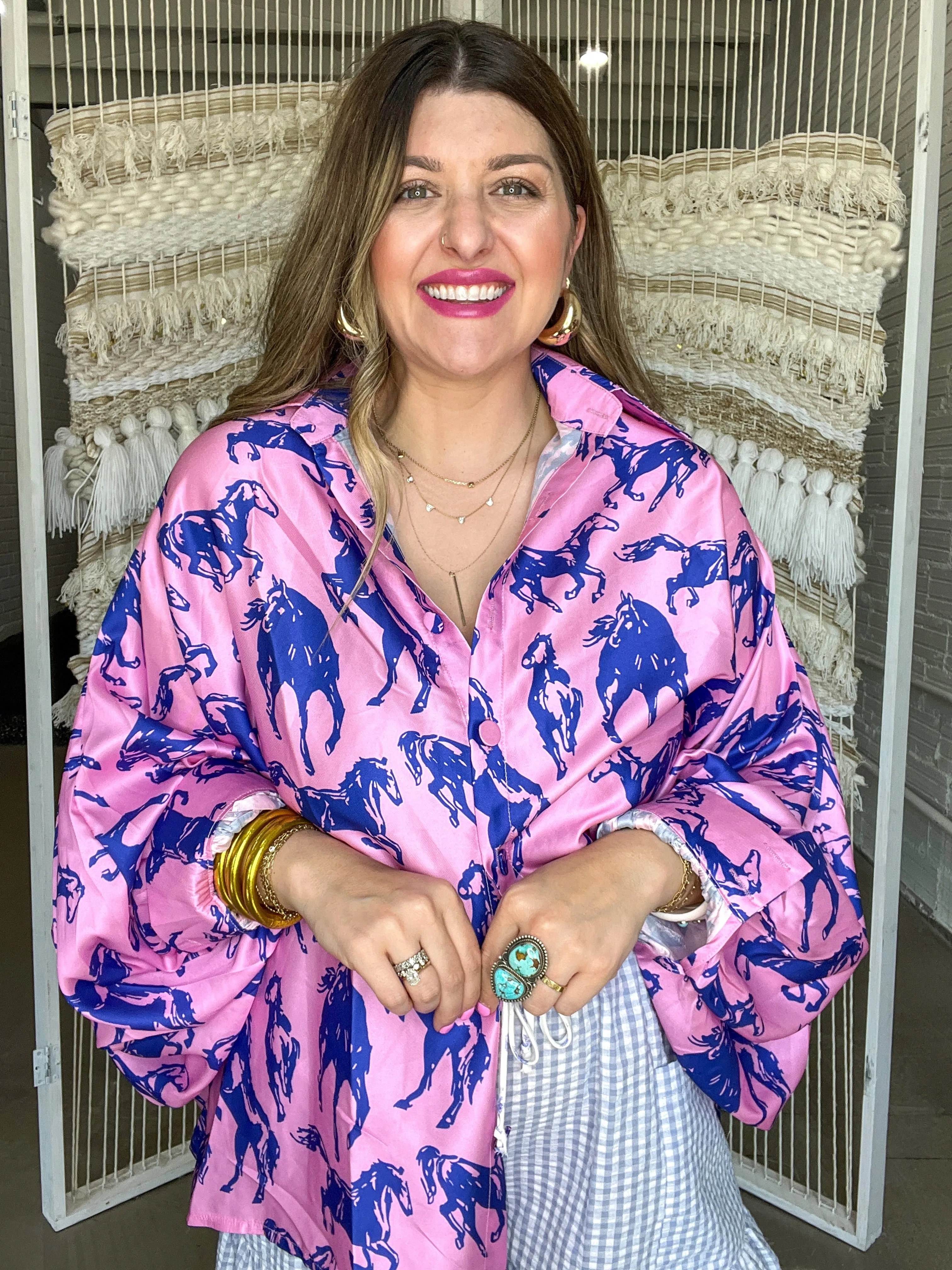Running Horses Oversized Blouse Top - Pink   Blue