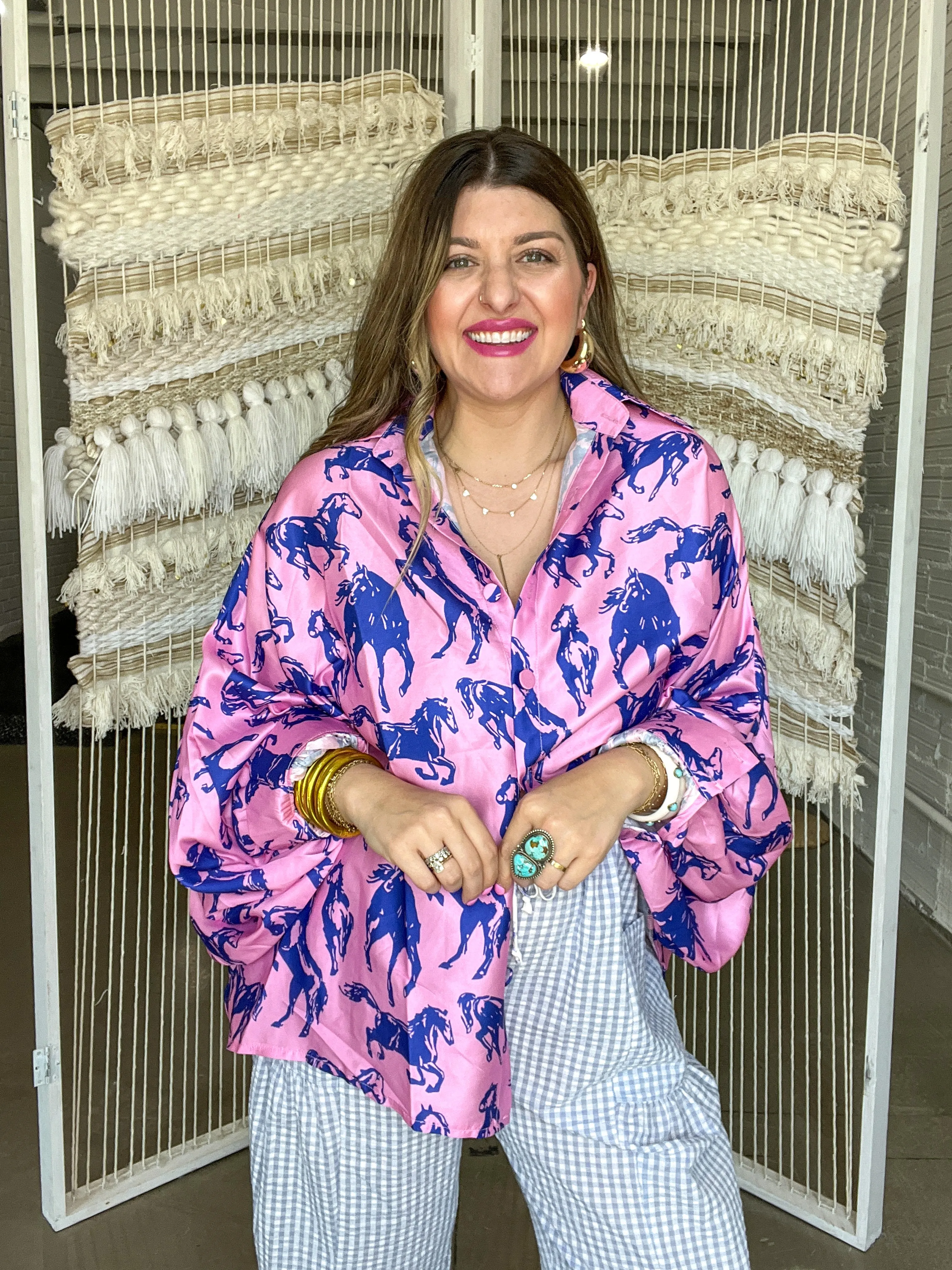 Running Horses Oversized Blouse Top - Pink   Blue