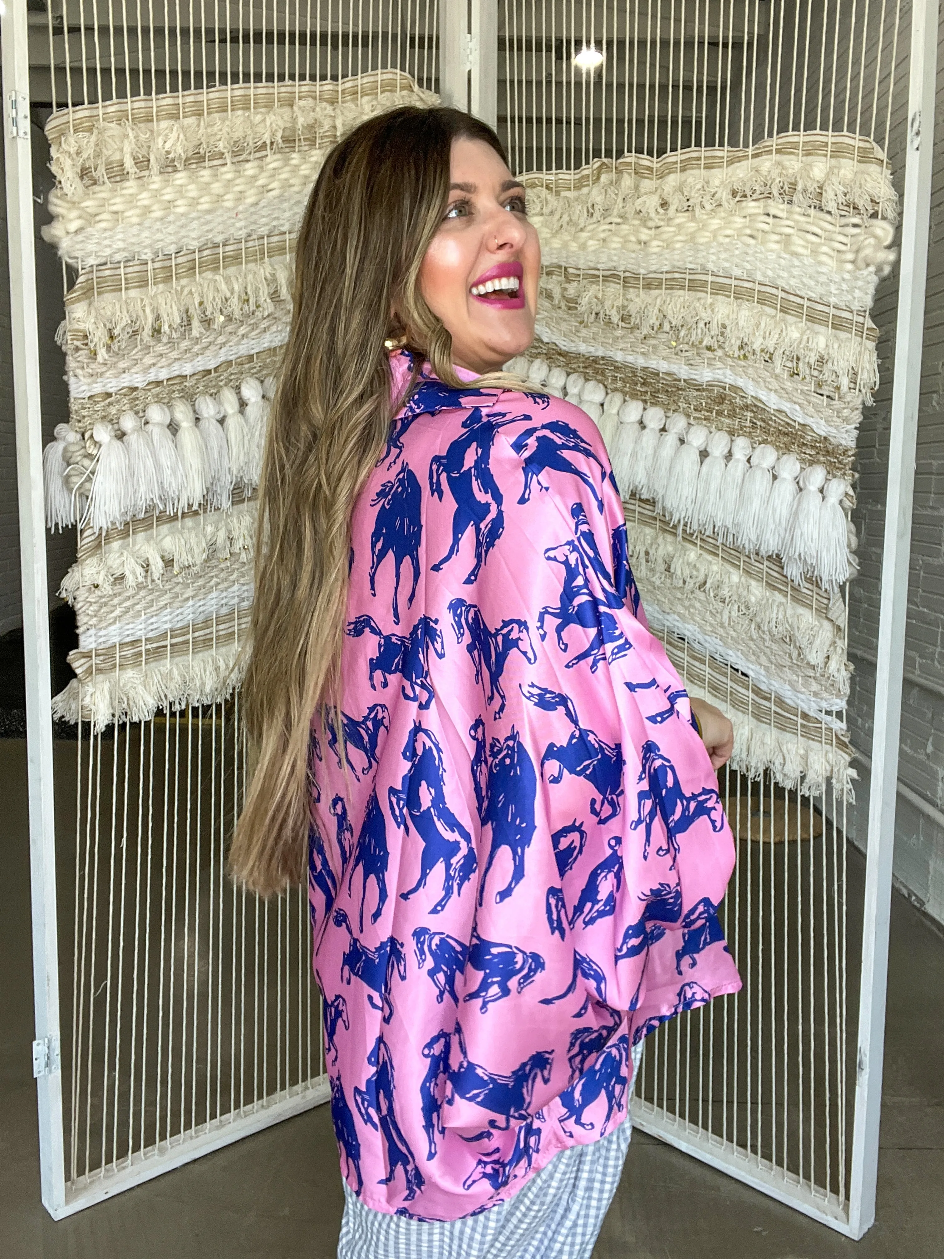 Running Horses Oversized Blouse Top - Pink   Blue