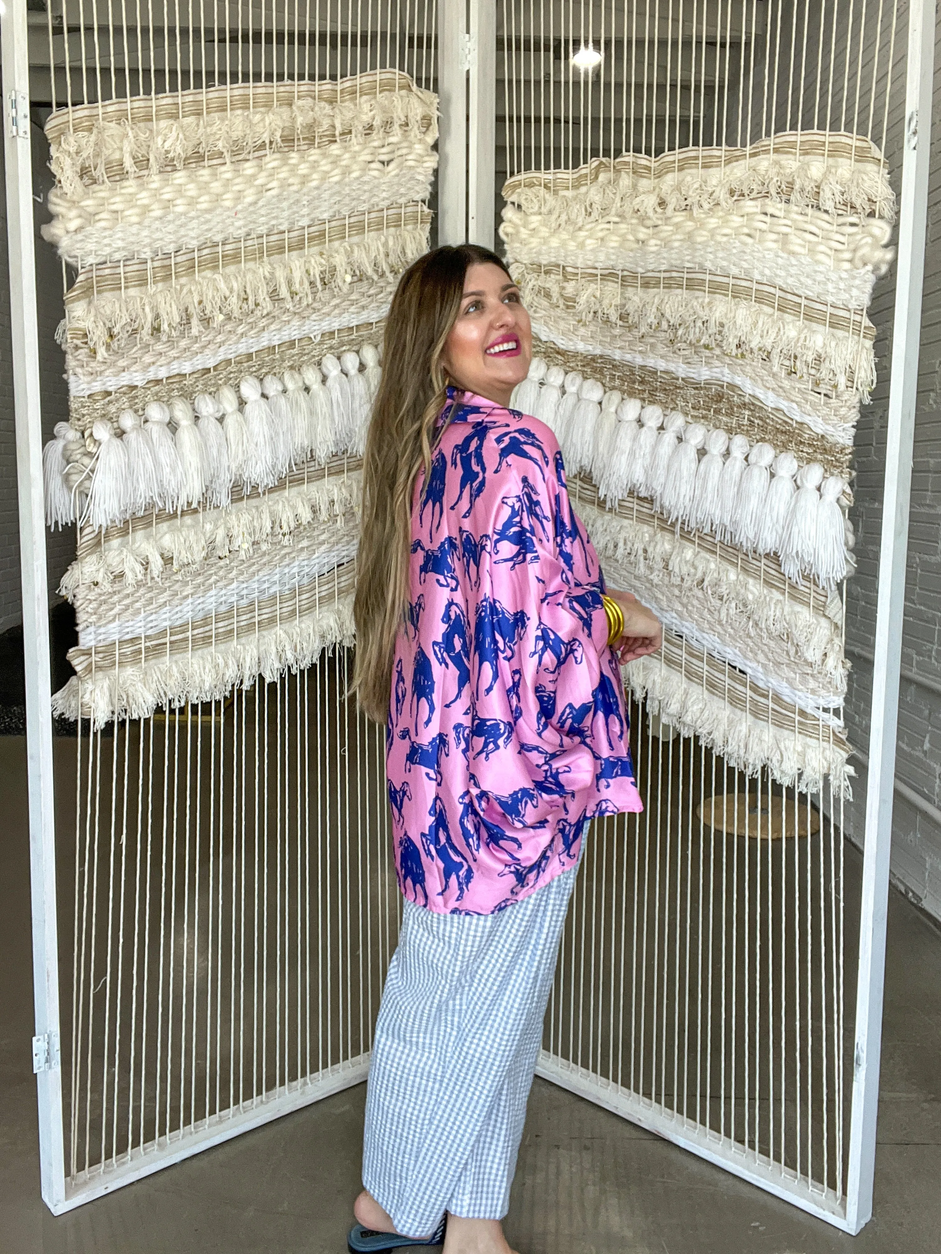 Running Horses Oversized Blouse Top - Pink   Blue