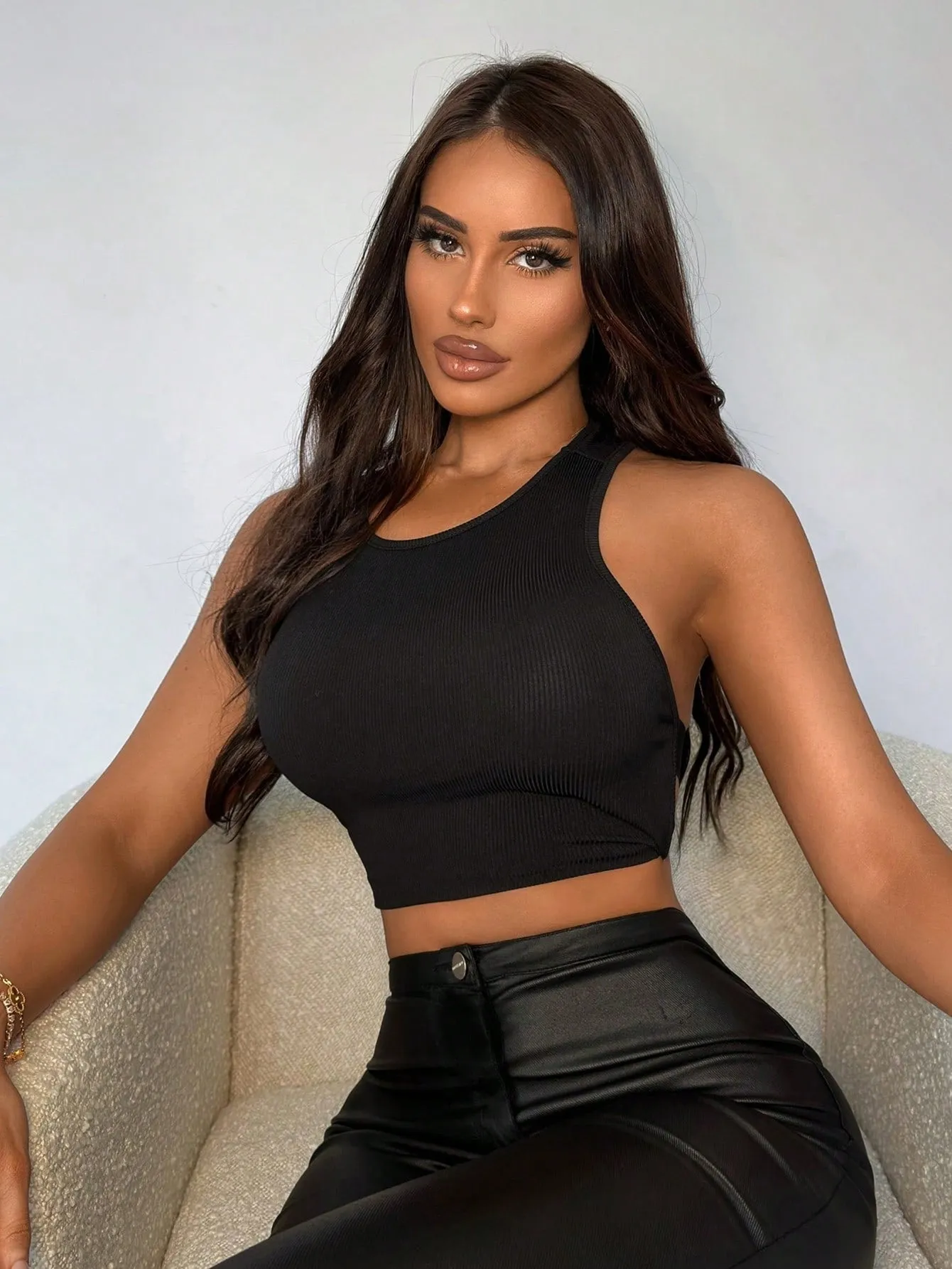 Sleek Ribbed Halter Crop Tank with Backless Hollow Design