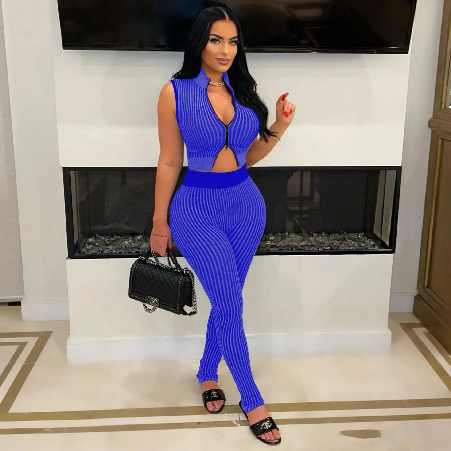 Sleek Ribbed Knit Crop Top and High-Waist Pants Two-Piece Set