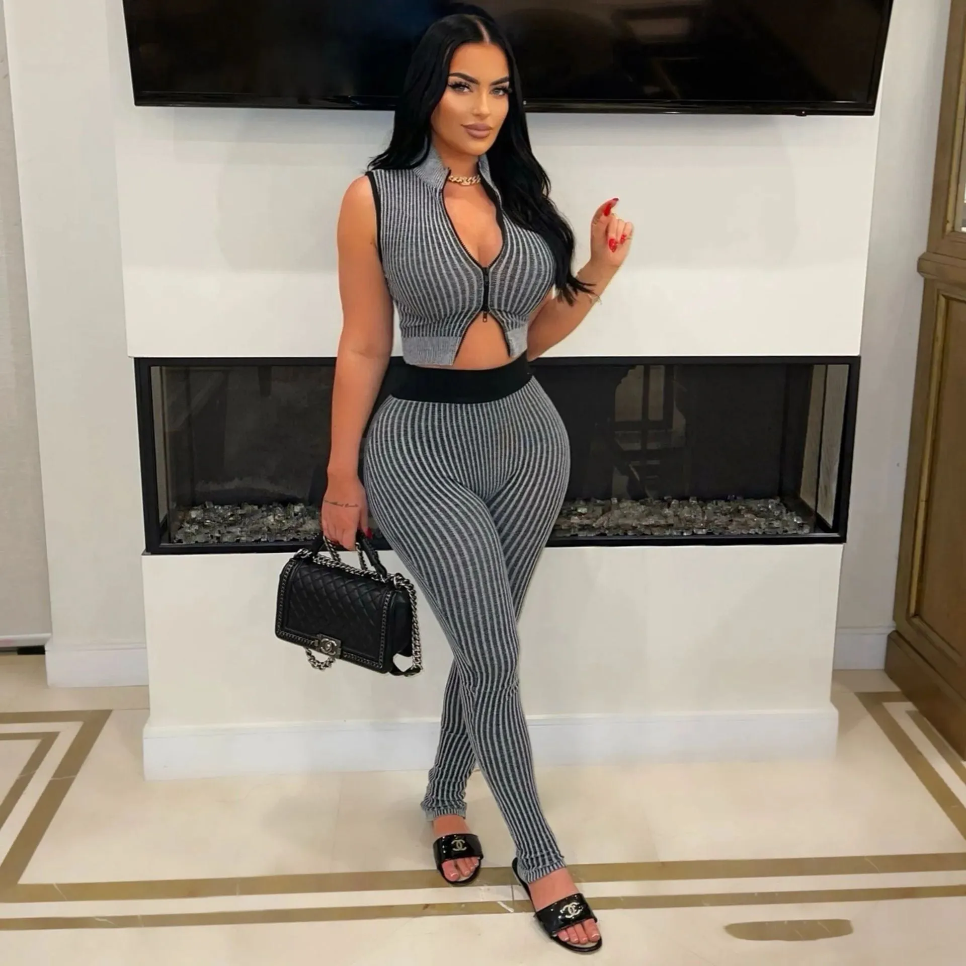 Sleek Ribbed Knit Crop Top and High-Waist Pants Two-Piece Set