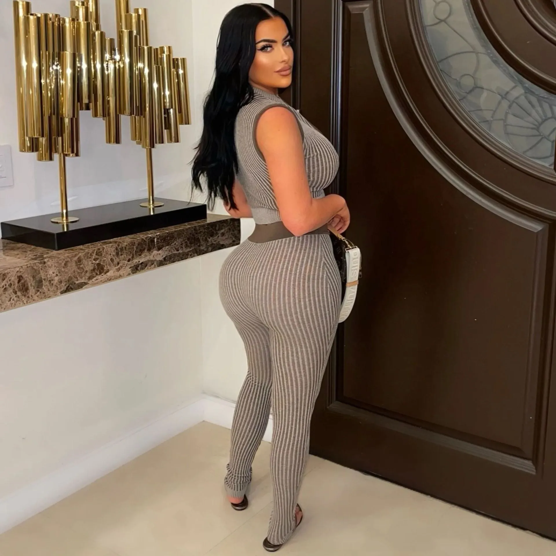 Sleek Ribbed Knit Crop Top and High-Waist Pants Two-Piece Set