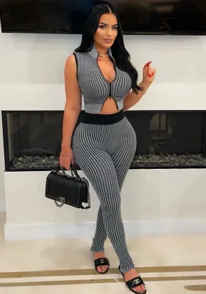 Sleek Ribbed Knit Crop Top and High-Waist Pants Two-Piece Set