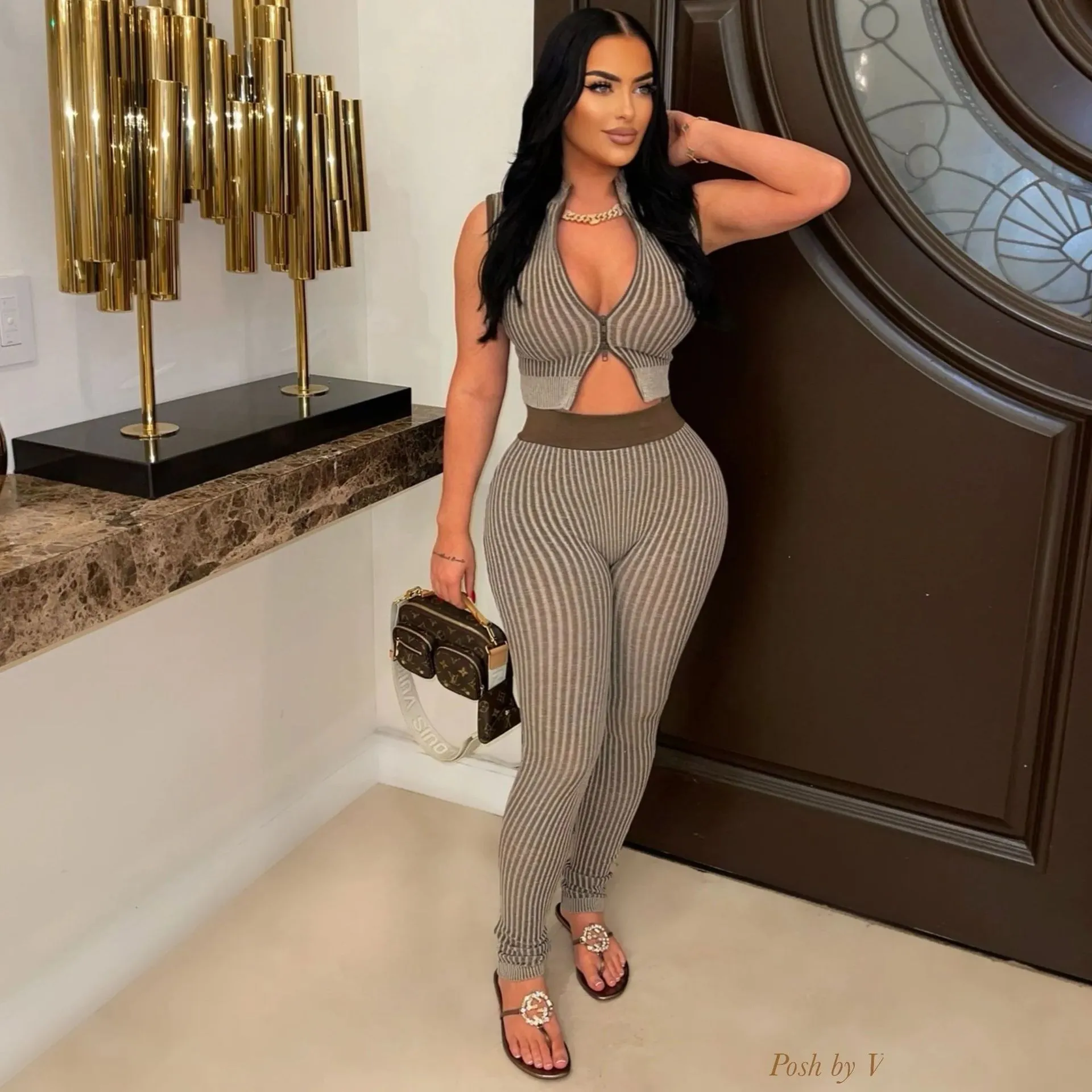 Sleek Ribbed Knit Crop Top and High-Waist Pants Two-Piece Set