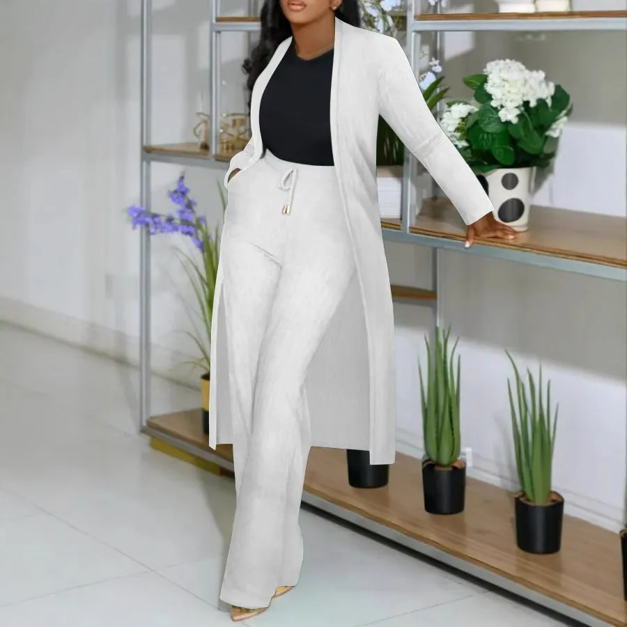 Sophisticated Ribbed Longline Cardigan and Wide-Leg Pants Matching Set