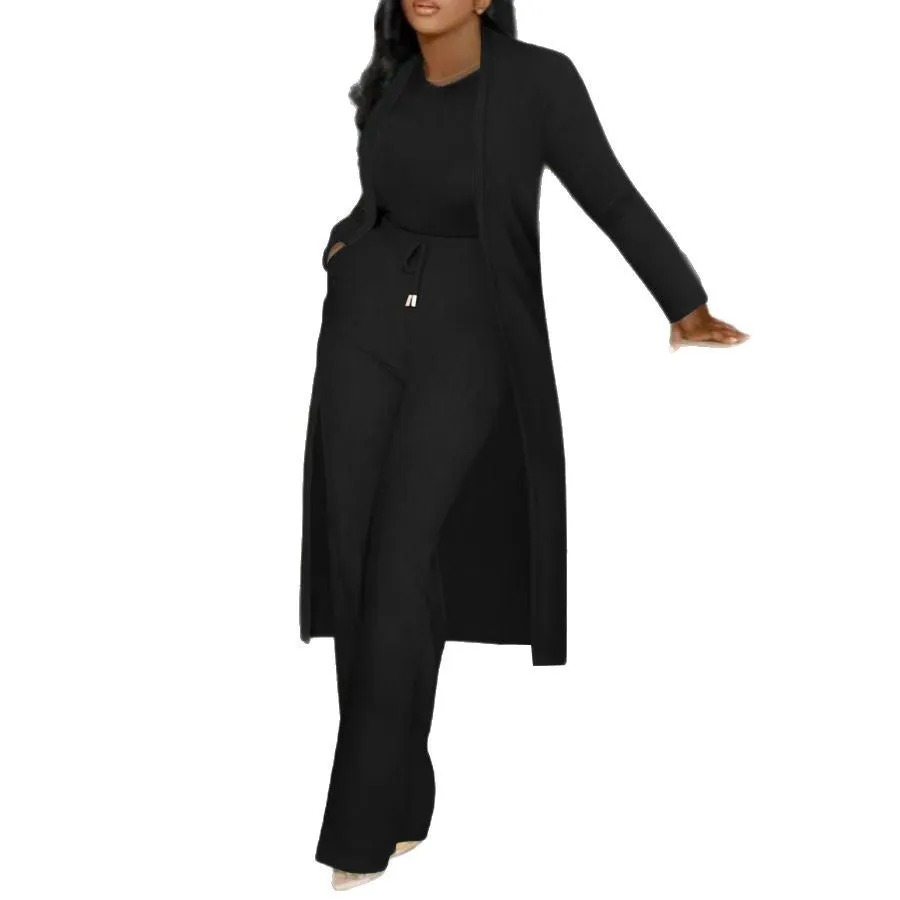Sophisticated Ribbed Longline Cardigan and Wide-Leg Pants Matching Set