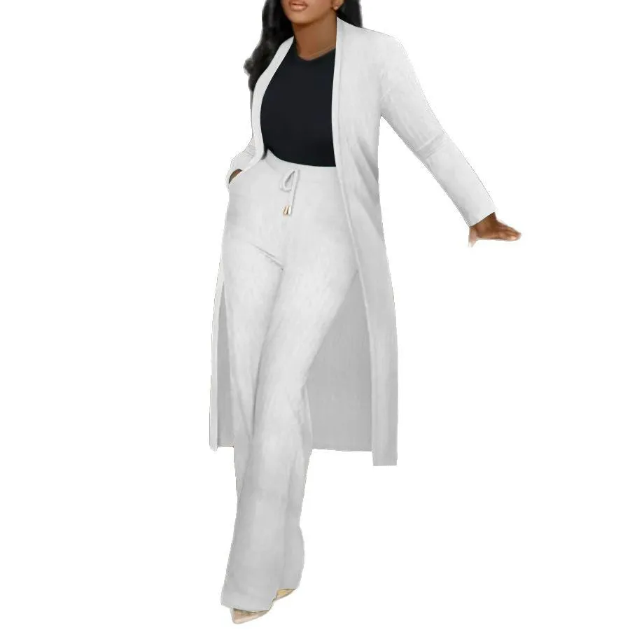 Sophisticated Ribbed Longline Cardigan and Wide-Leg Pants Matching Set
