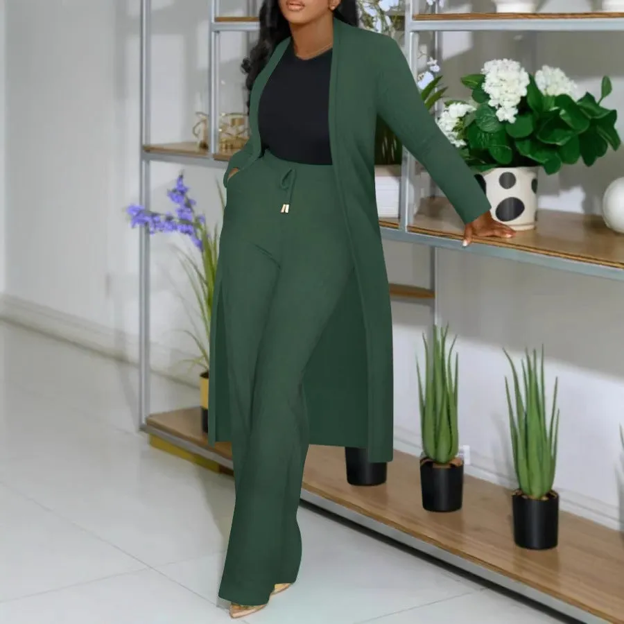 Sophisticated Ribbed Longline Cardigan and Wide-Leg Pants Matching Set