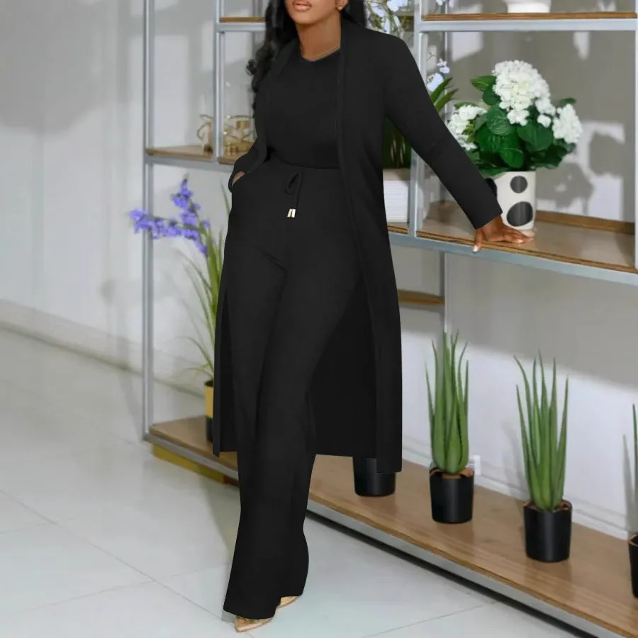 Sophisticated Ribbed Longline Cardigan and Wide-Leg Pants Matching Set
