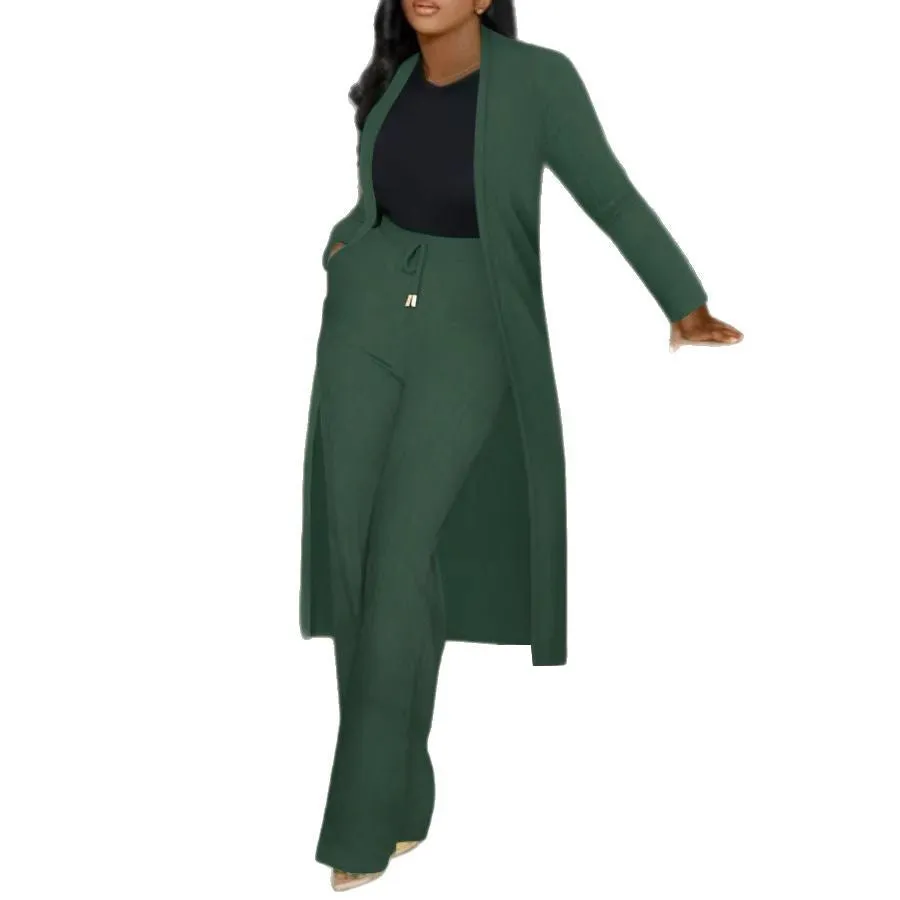 Sophisticated Ribbed Longline Cardigan and Wide-Leg Pants Matching Set