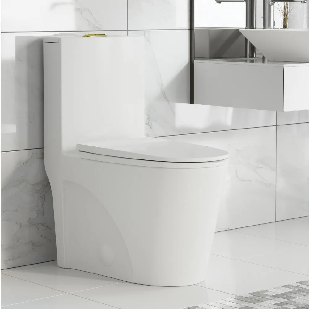 St. Tropez One Piece Elongated Toilet Dual Vortex Flush, Gold Hardware