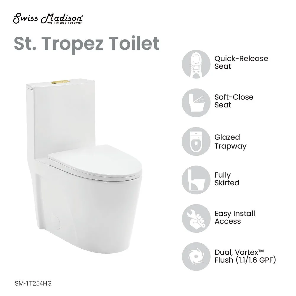 St. Tropez One Piece Elongated Toilet Dual Vortex Flush, Gold Hardware