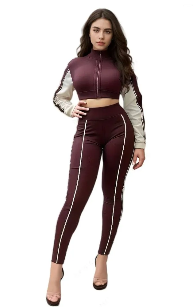 Stylish Contrast Panel Cropped Sports Two-Piece Pants Set