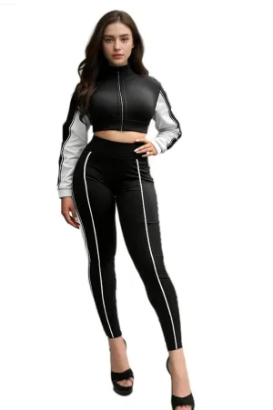 Stylish Contrast Panel Cropped Sports Two-Piece Pants Set