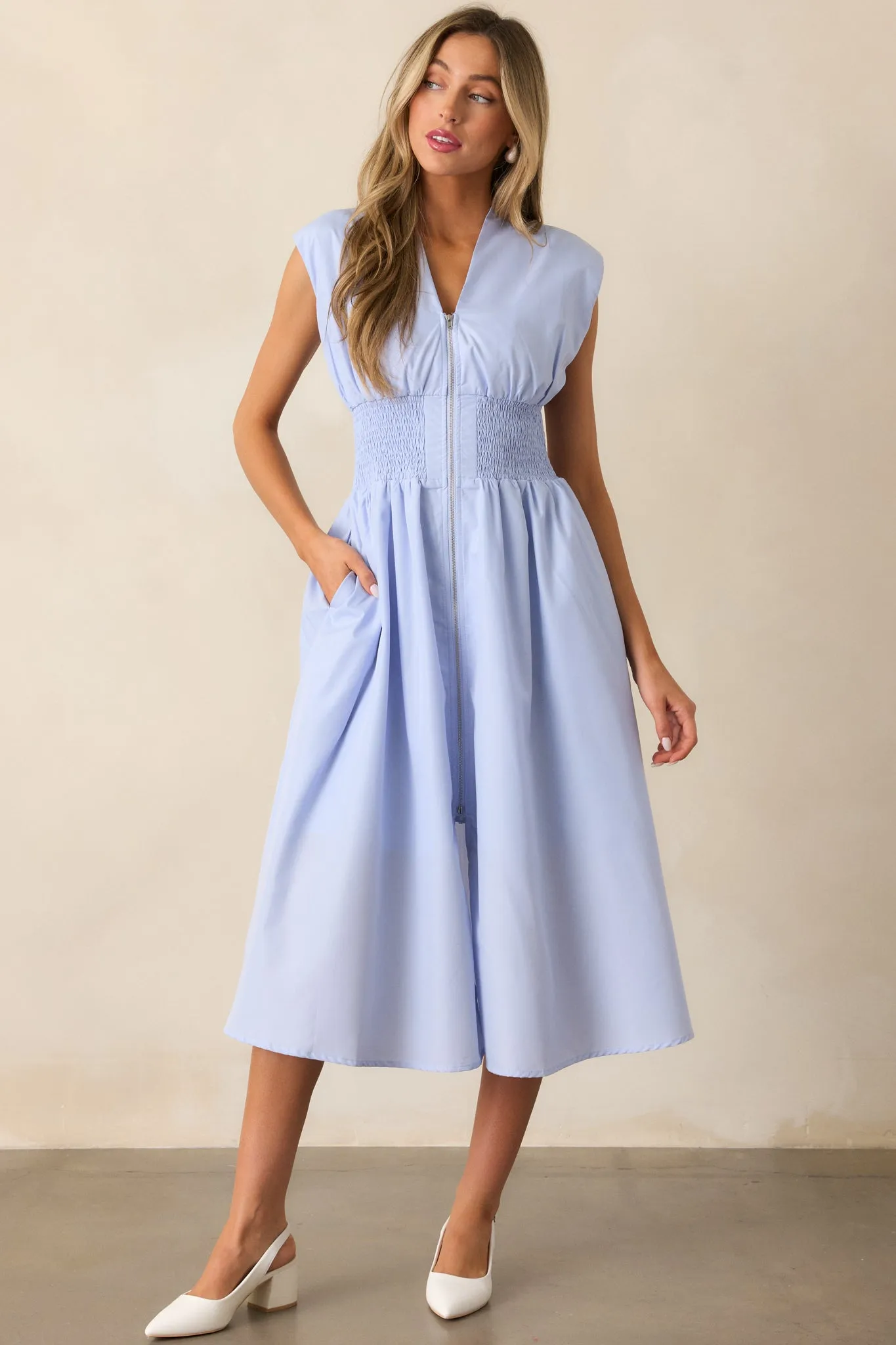 The Evette Baby Blue Zip Front Midi Dress