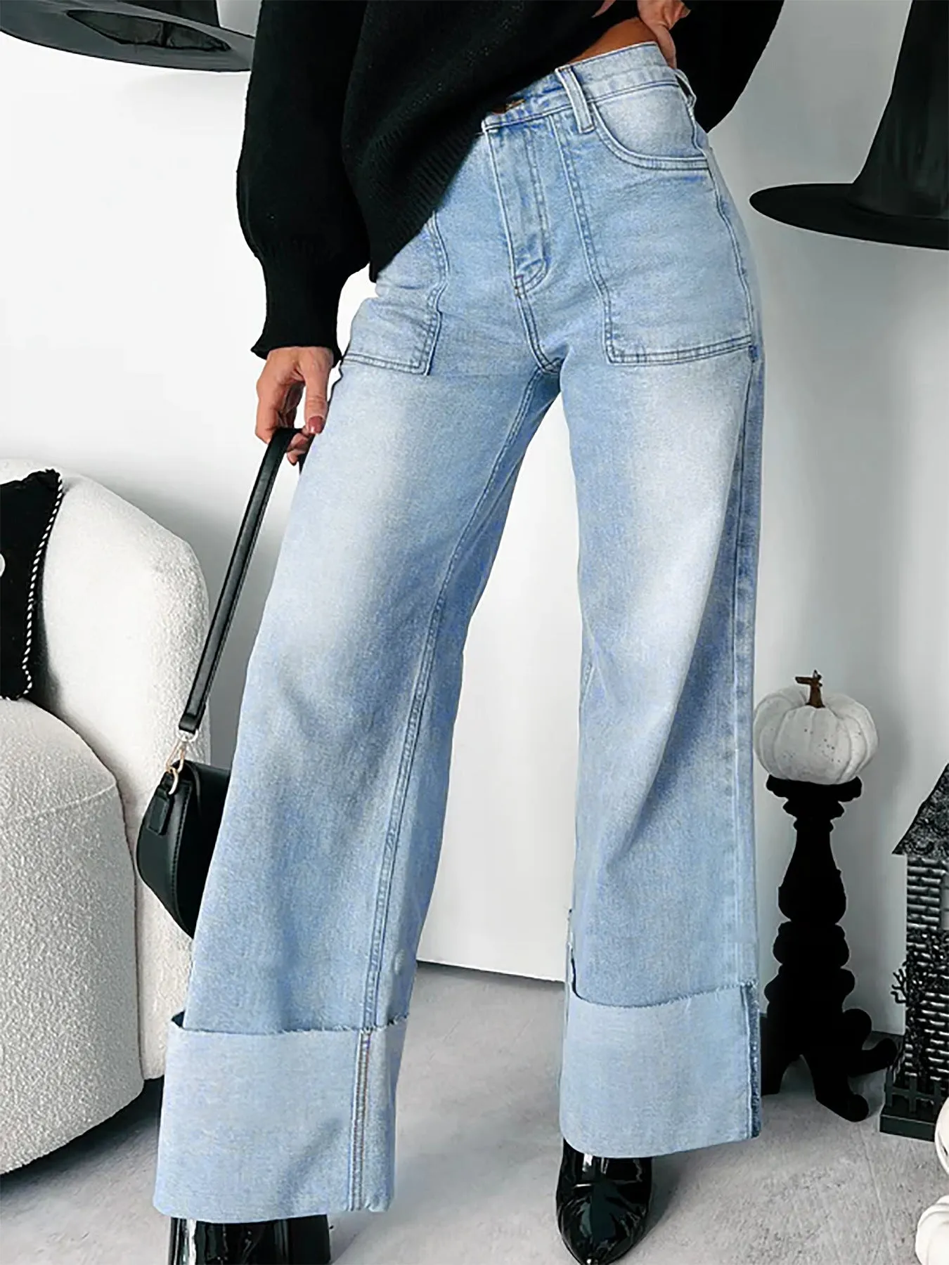 Trendy High-Waist Folded Hem Washed Wide-Leg Denim Jeans for Effortless Street Style