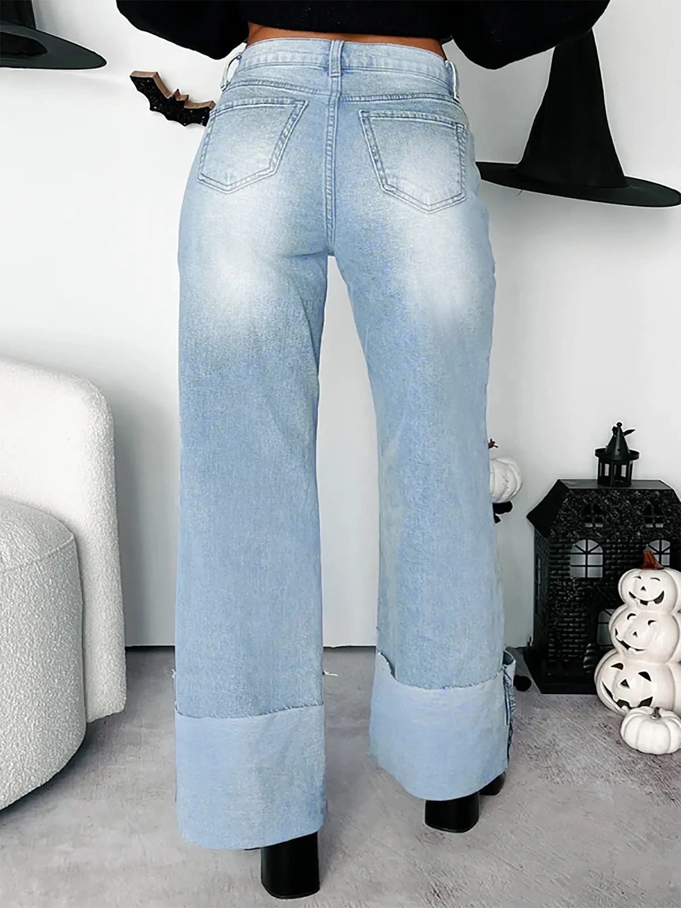 Trendy High-Waist Folded Hem Washed Wide-Leg Denim Jeans for Effortless Street Style
