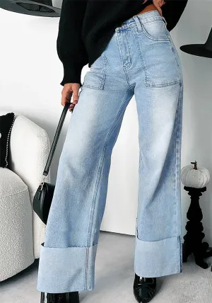 Trendy High-Waist Folded Hem Washed Wide-Leg Denim Jeans for Effortless Street Style